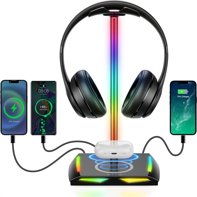 New Bee RGB Headphone Stand Wireless Charger 2 USB-C 1 USB Black Gaming Headset