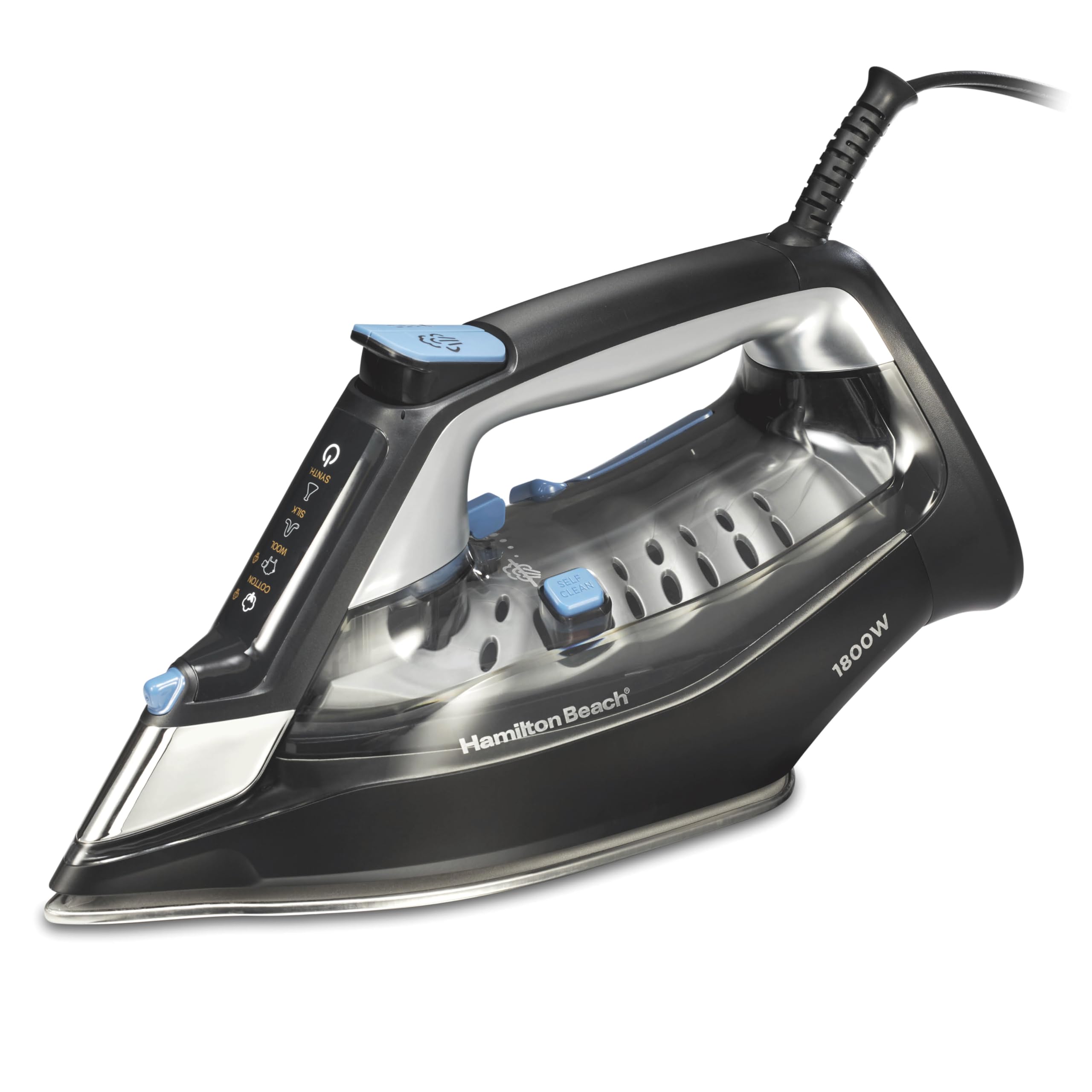 Hamilton Beach Steam Iron for Clothes & Garment Steamer with Intuitive FabricIQ Touchpad, Durable Stainless Steel Soleplate, 3-Way Auto Shutoff, 1800 Watts, 350ml Water Tank, 10' Cord, Black (14950)