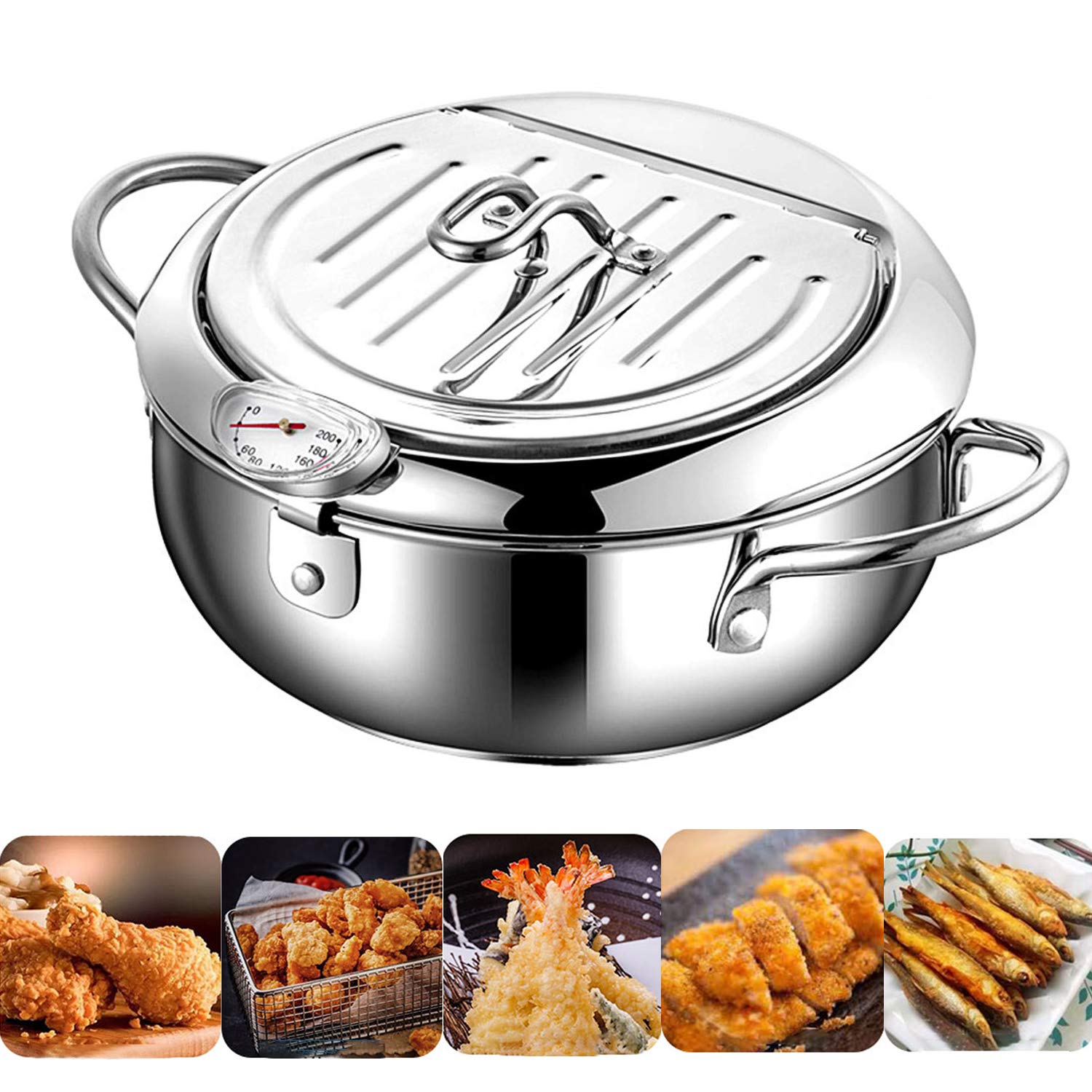 Stainless Steel Tempura Deep Fryer,Japanese Fryer Pot Covered Deep Fryer with Thermometer and Lid No