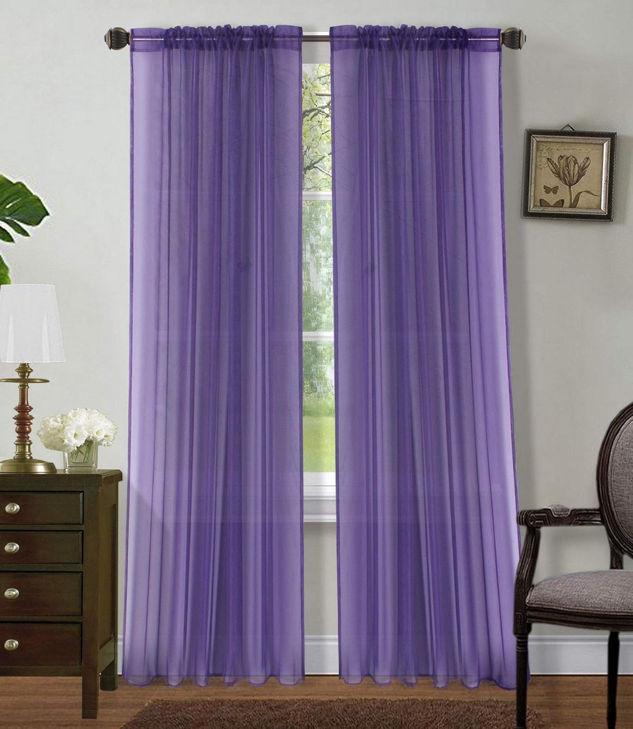 Sapphire Home 2 Panels Window Sheer Curtains 54" x 84" Inches (108" Total Width), Voile Panels for Bedroom Living Room, Rod Pocket, Decorative Curtains, Solid Sheer Curtains Purple