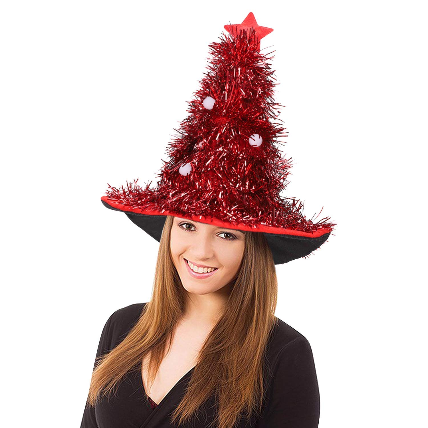 haozaikeji Christmas Tree Hats for Adult Unisex Party Hats Xmas Tree Hats with Star Novelty Headwear Tinsel Hats Christmas Straw Hats Striped Hats for Party Costume Accessory Ball Carnival Kids