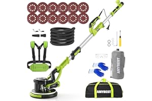 AMYBEST Drywall Sander, Powerful Electric Drywall Sander with Vacuum Dust Collection, 5 Speed 1000-2100 RPM, Popcorn Ceiling Remover, LED Light & 12 Sanding Discs, Extendable Handle (GREEN)