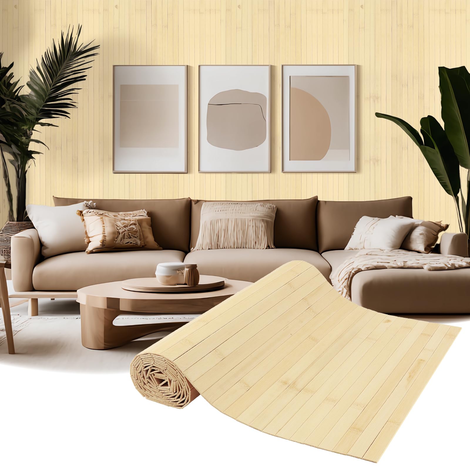 Photo 1 of EYAYEN Natural Bamboo Wall Panel for Interior Wall Decor, Pole Wrap Wainscoting Interior Wall Cladding Panel for Kitchen Island, Bedroom, Living Room Office,Decor(16" H x 96" L, Raw)