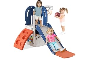 BIERUM 4 in 1 Toddler Slide, Climbing Theme Baby Slide for Toddlers Age 1-3 with Basketball Hoop, Indoor Outdoor Backyard Playset Blue Orange