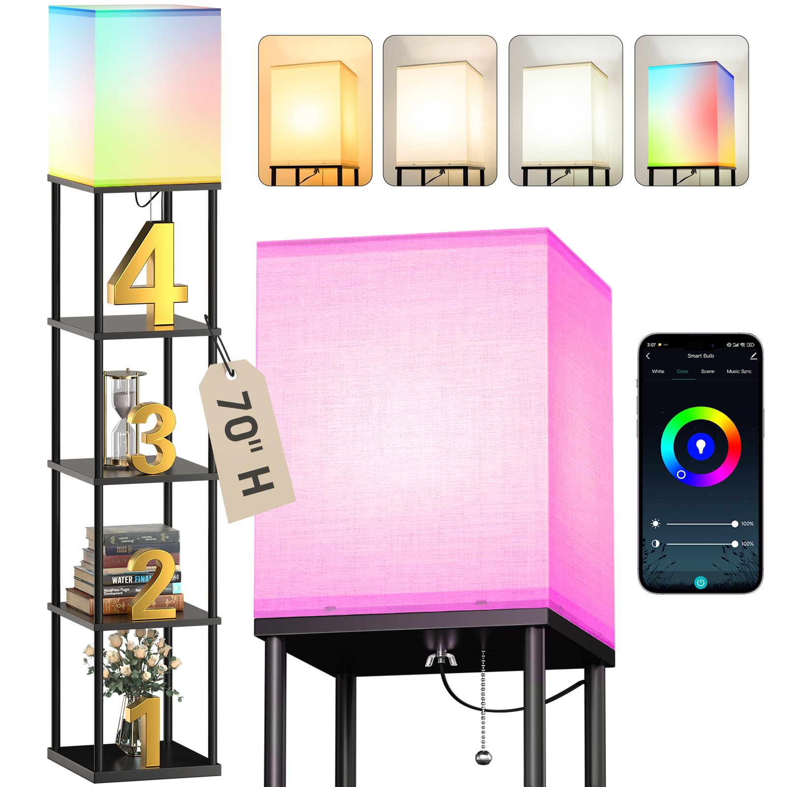 addlon 5-Tier Floor Lamp with Shelves, Modern Shelf Lamp with RGB Smart Bulb, APP Control Standing Lamp with White Lamp Shade, Floor lamp for Living Room, Bedroom (70'' H, Black) Image