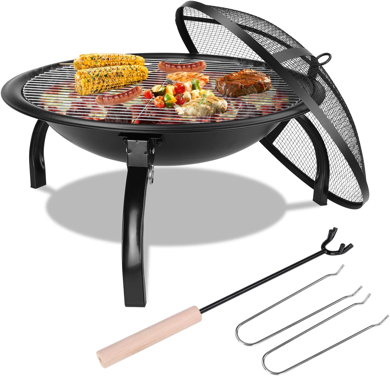 femor Feuerschale mit Grillrost & Schutzgitter, 54x54x43cm, Multifunktional Fire Pit für Heizung/BBQ,Garten Terrasse Feuerstelle, Faltbarer & Tragbarer Feuerkorb & Grill, für Camping Picknick Garten