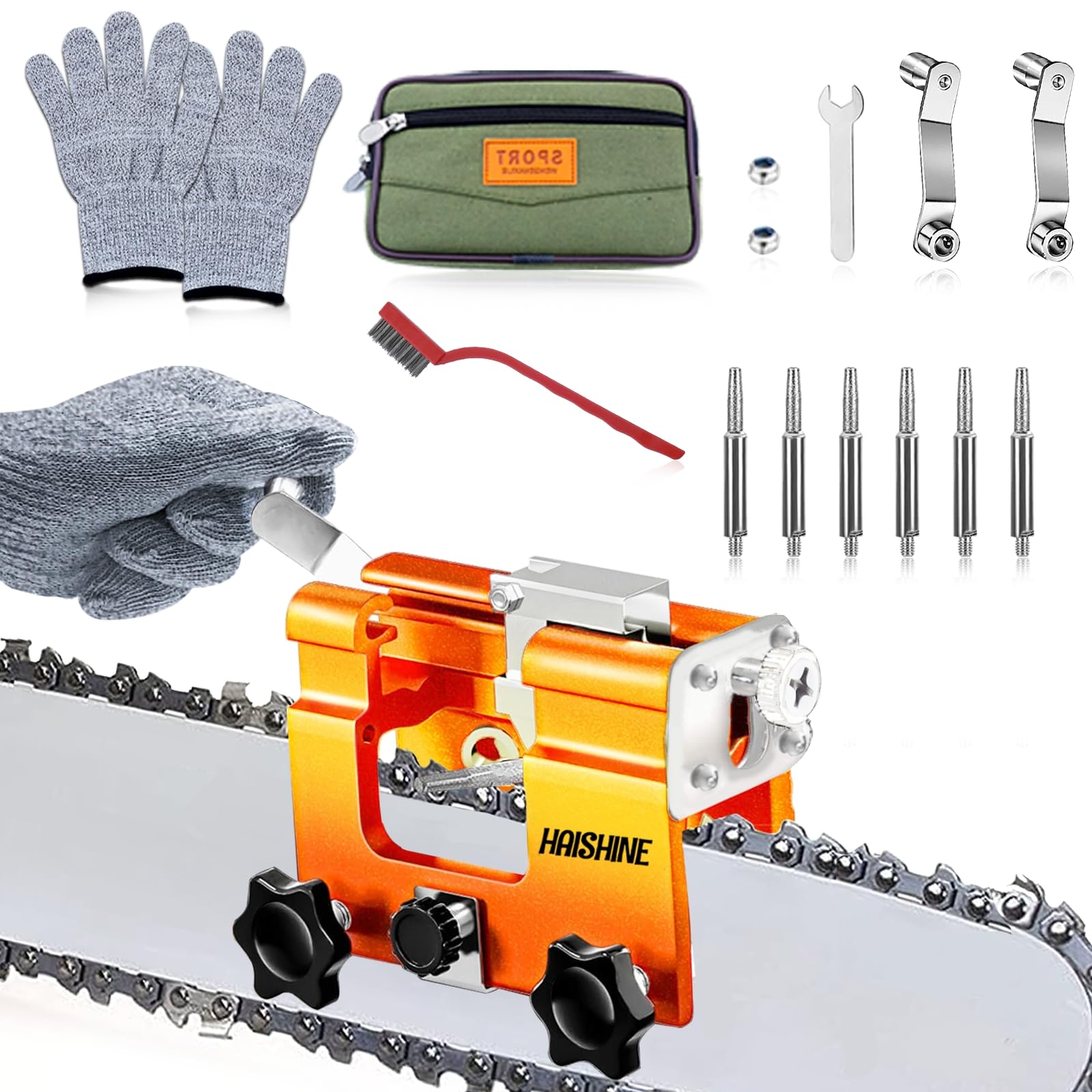 Haishine Chainsaw Sharpener Jig, Chainsaw Sharpening Tool Kit Chainsaw Sharpener with 6Pcs Sharpening Stones, Portable Chainsaw Sharpening Suitable for All Kinds of Chainsaw