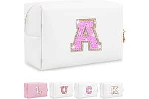 IQIMOTT Personalized Initial Letter Makeup Bag, Preppy Glitter Letter Patch Cosmetic Pouch Zipper,PU Waterproof Travel Toiletry Bag Cute Makeup Organizer Monogrammed Make Up Bag,Gift for Women Girls(Letter A)