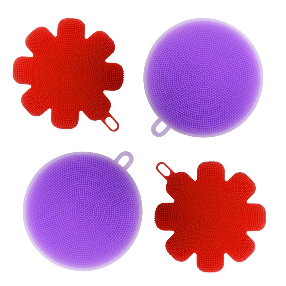 Silicone Sponge Multipurpose Antibacterial Silicone Scrubber for Kitchen Brush Pot Pan Dish Bowl -Wash Fruit and Vegetable -Pot Holder (4, Purple+red)