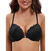 Deyllo Women's Front Closure Bras Lace Racerback Padded Push Up Bra Underwire Plunge