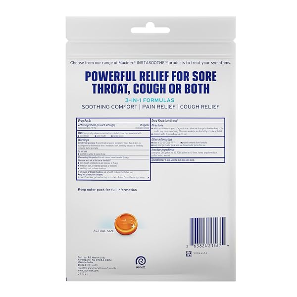 MUCINEX INSTASOOTHE SORE THROAT RELIEF DROPS, SORE THROAT LOZENGES, SORE THROAT MEDICINE WITH HEXYLRESORCINOL, COUGH DROPS ALTERNATIVE, HONEY & ECHINACEA FLAVOR MEDICATED NUMBING THROAT DROPS, 40 CT