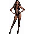 Dreamgirl Women's Opaque Seamless Criss-Cross Teddy and Matching Stockings Set, One Size Black