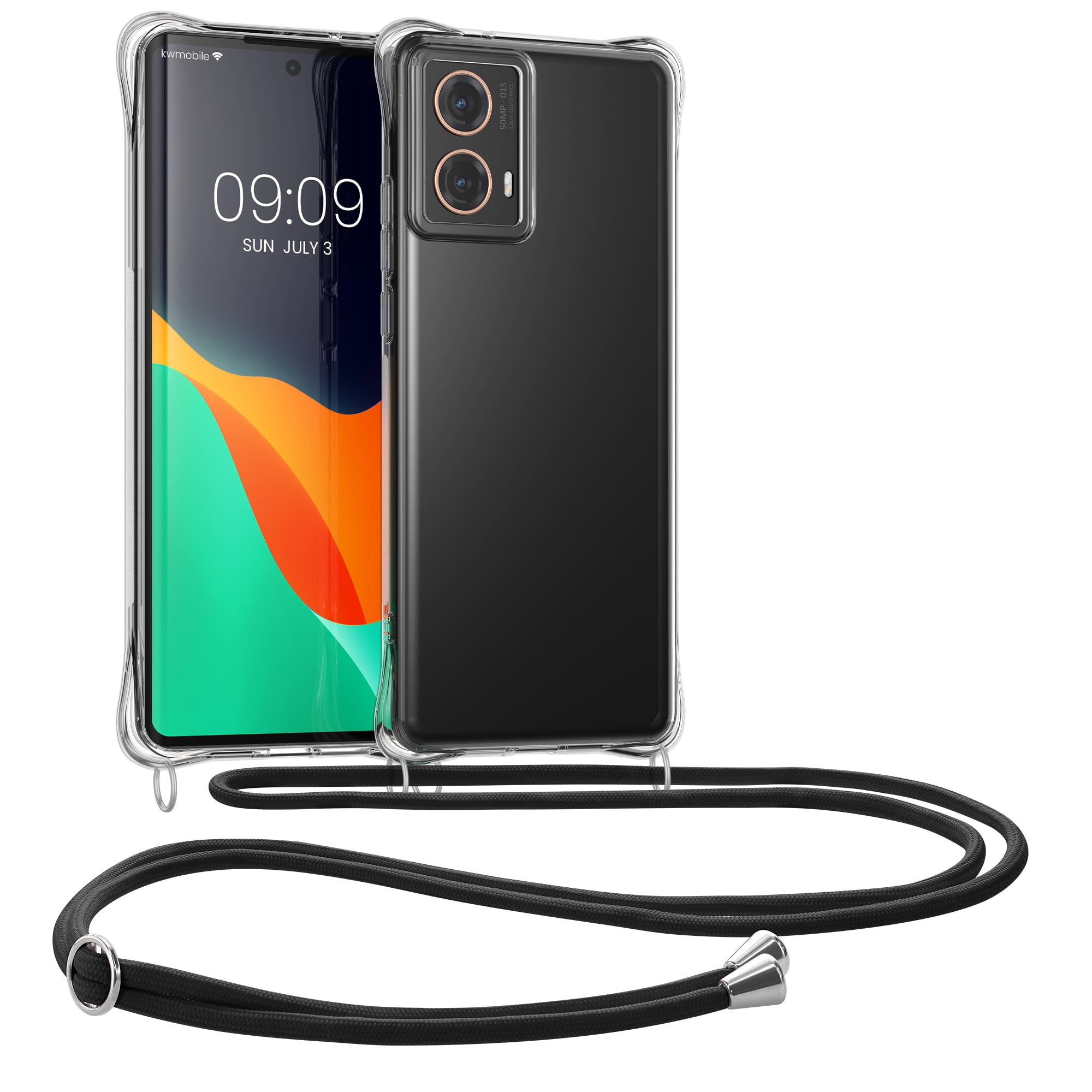 kwmobile Crossbody Case Compatible with Motorola Moto G85 5G Case - Clear TPU Phone Cover w/Lanyard Cord Strap - Transparent/Black