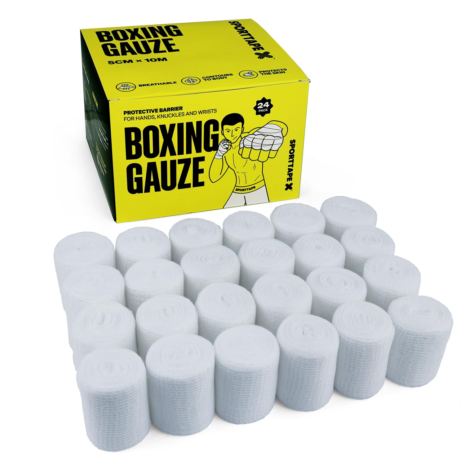 SPORTTAPE Boxing Gauze - 24 Rolls - 5cm x 10m | Non-Stretch Boxing Hand Wrap | Hand & Wrist Tape, Knuckle Padding Bandage for Kickboxing, Muay Thai | Individually Wrapped Conforming Bandage