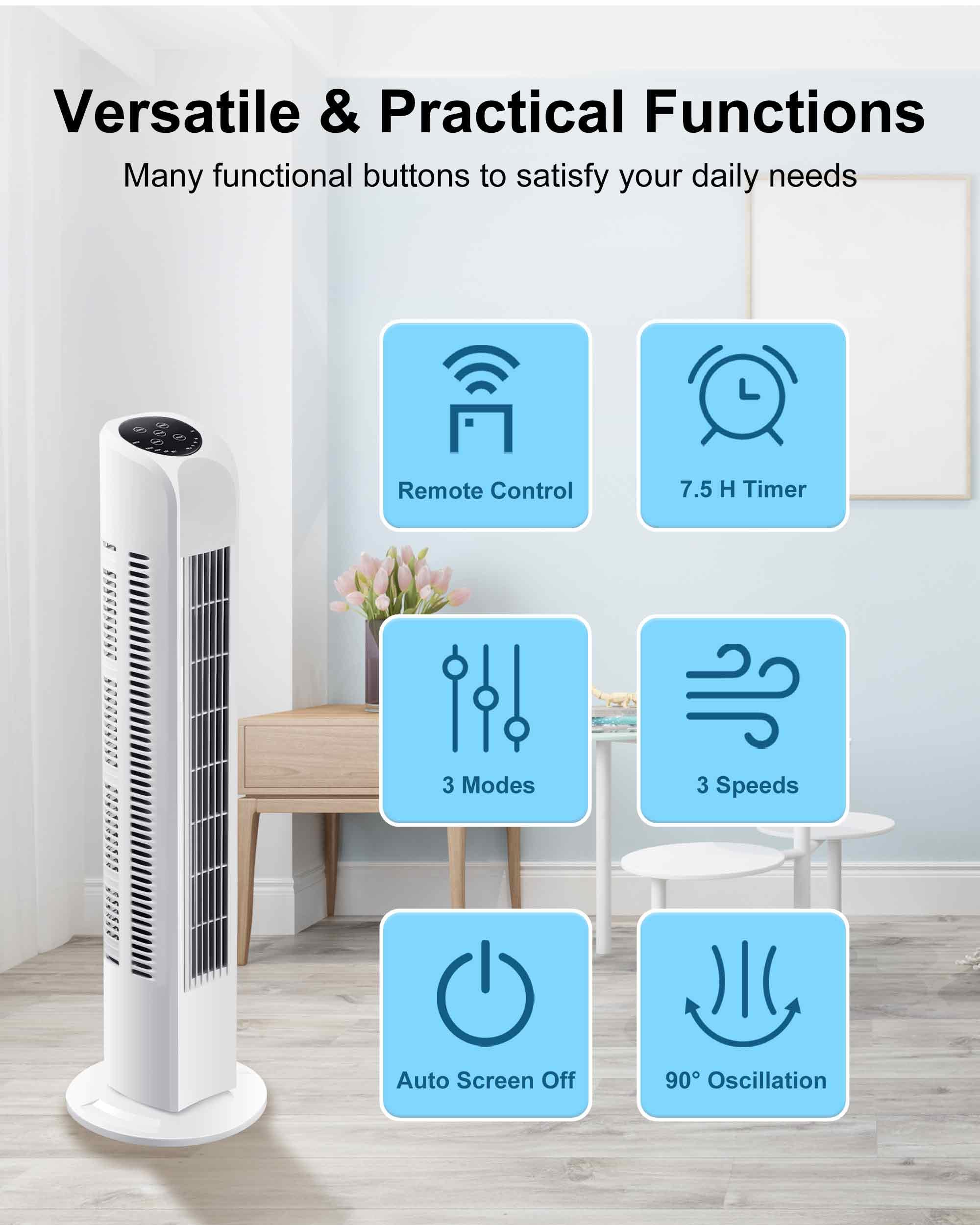 Uthfy Oscillating Bladeless Tower Fan with Remote, Quiet Cooling Portable, Electric Standing Floor Fan with 3 Wind Speeds 3 Modes for Bedroom,Indoor,Office and Home Use, 30