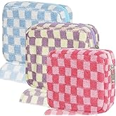 KOTORA 3pcs Checkered Mini Makeup Bag Pocket Cosmetic Bag Portable Aesthetic Preppy Makeup Bag for Women Mini Travel Makeup Organizer Storage Car Accessories (Blue Pink Purple)