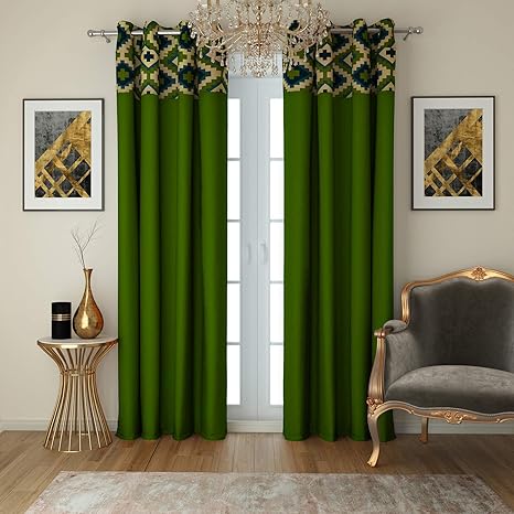 Swayam Green Colour Solid Cotton Plain Eyelet Curtain Pack Of 2