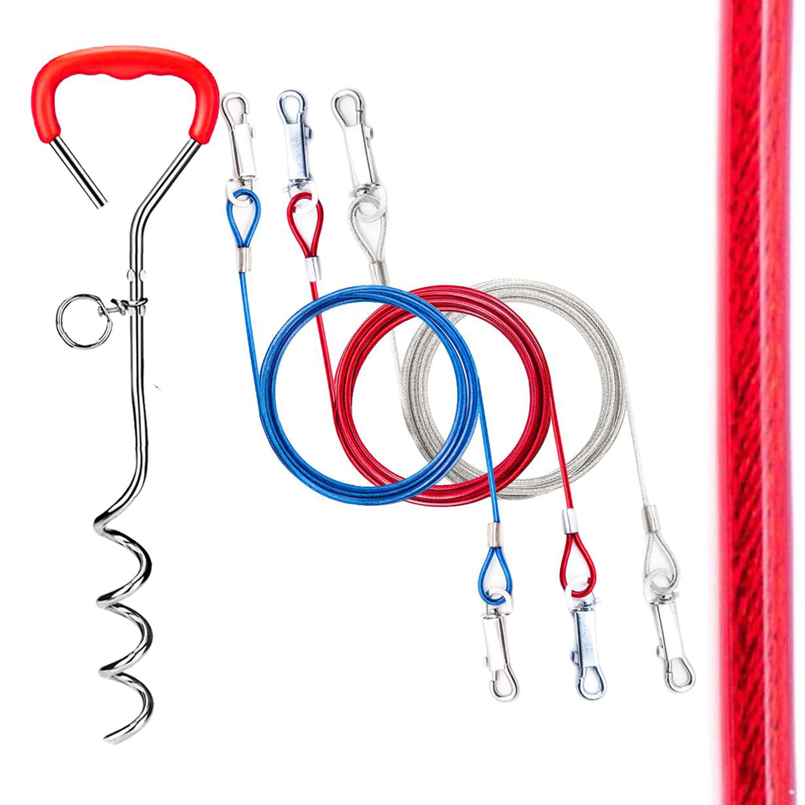 2x 1.8m BRIGHT Dog Chains for Outside, Tie-Out Cable Tether – with Steel Spiral Heavy Duty Ground Spike Stake (45cm) – Outdoor Dogs Accessories, Lead, Hook (Orange)