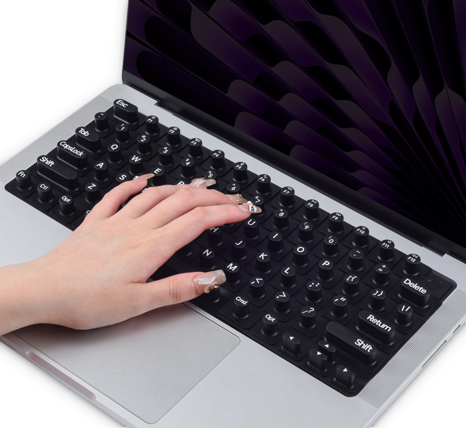 MacBook Keyboard Cover for Long Nails, 2024-2021 MacBook Pro 14/16 M4 4 M3 M2 M1 Silicone Raised Keyboard Skin, MacBook Air 13/15 2025 Keyboard Protector for Nail Art, Black