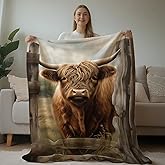 HUNXIAOJ Highland Cattle Throw Blanket Rustic Farmhouse Cow Blanket Farm Animal Blanket Vintage Western Landscape Bed Throw for Baby Bathroom Kids Teenage Girlfriend(49"x59")