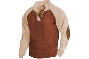 HTHLVMD Mens Corduroy Shirt Button Up Pullover Mock Neck Long Sleeve Sweaters Polo Sweatshirts with Elbow Patches