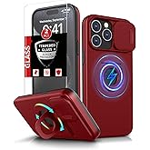 FRLMOOES for iPhone 15 Pro Case Magnetic Compatible with MagSafe Wireless Charging,with 2 Screen Protectors,Built-in 360°Kickstand Ring+Camera Cover Anti-Scratch Shockproof Heavy Duty Protection Red