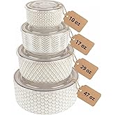 KooK Ceramic Nesting Bowls, with Lids, Serving, Set of 4, Embossed, Kitchen, Prep, Mix, Gift, Housewarming, Microwave and Dis