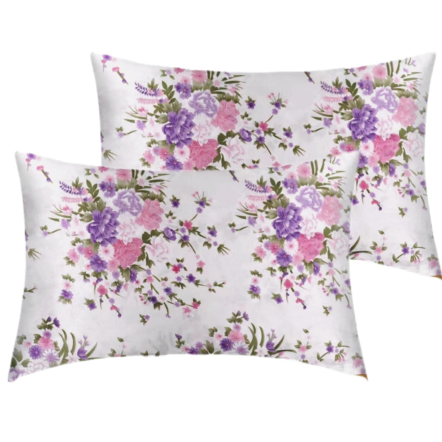 Satin Pillowcases for Hair and Skin 2 Pack - Flower Pattern Silky Pillowcases Set - Softer Than Silk - Luxurious and Silky Queen Standard Pillow Case Cover with Envelope Closure (51x76cm)