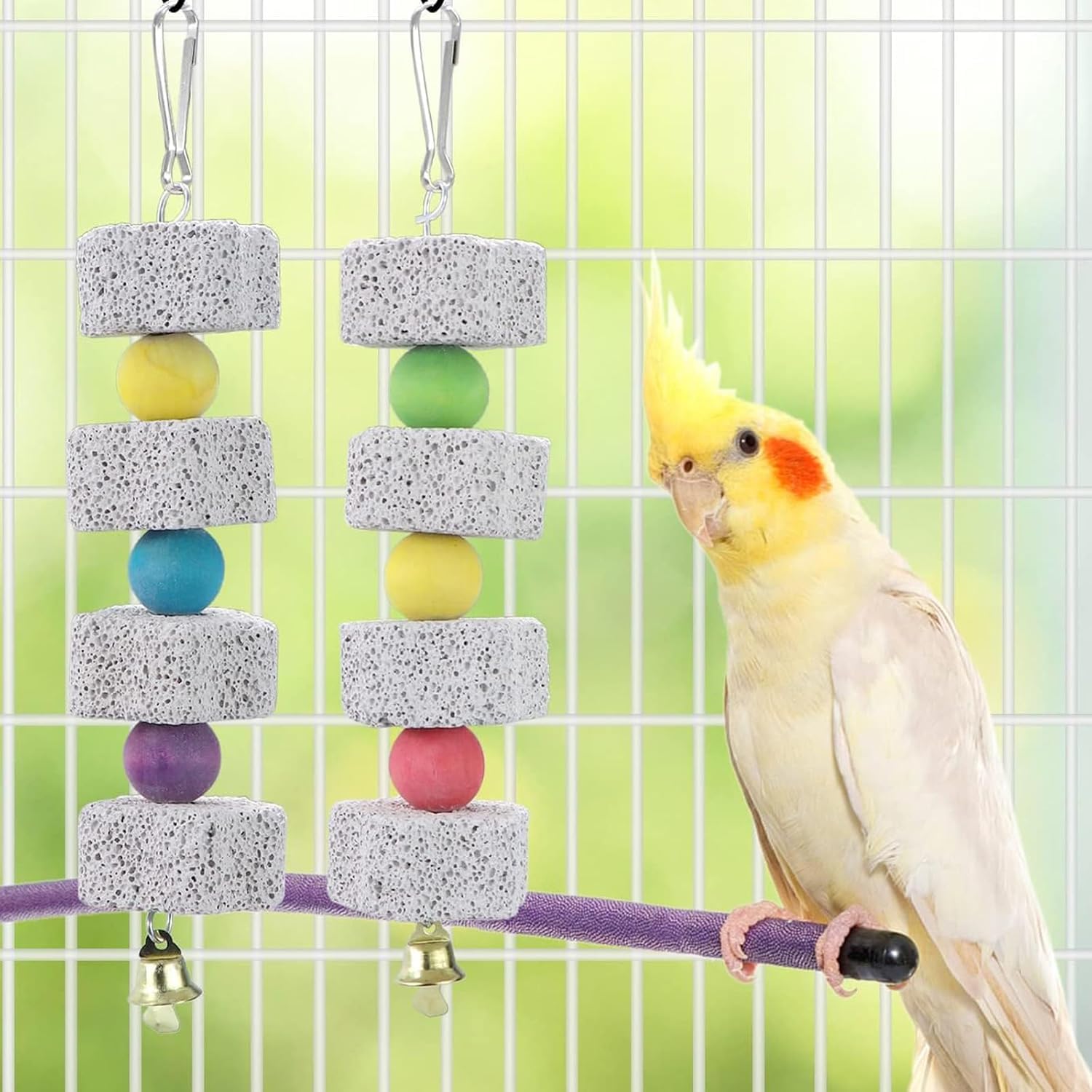 PengLAI Parrots Chew Toys - 2 Pcs Mineral Bird Chew Toys with Bell & Hanging Rope, Safe Teeth Cleaning Toys for African Grey, Cockatiel, Budgie, Parrot Cage Accessories (4 * 19cm)