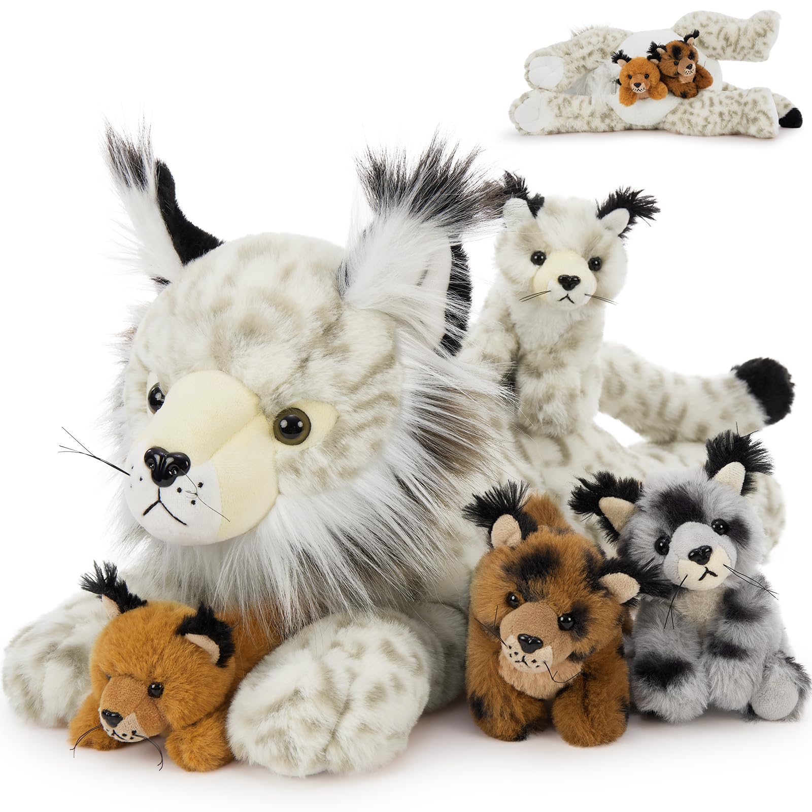 Photo 1 of Muiteiur 5 Piece Lynx Stuffed Animals, Soft Bobcat Stuffed Animals with Babies,18-inch Plush Toy for Kids Girls Boys, Gift for Birthday Children Day (White)