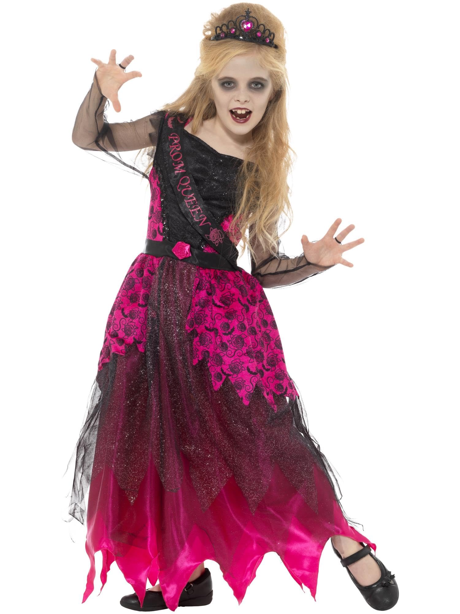 Smiffys Deluxe Gothic Prom Queen Costume, Pink & Black with Dress & Tiara, Halloween Child Fancy Dress, Halloween Dress Up Costumes
