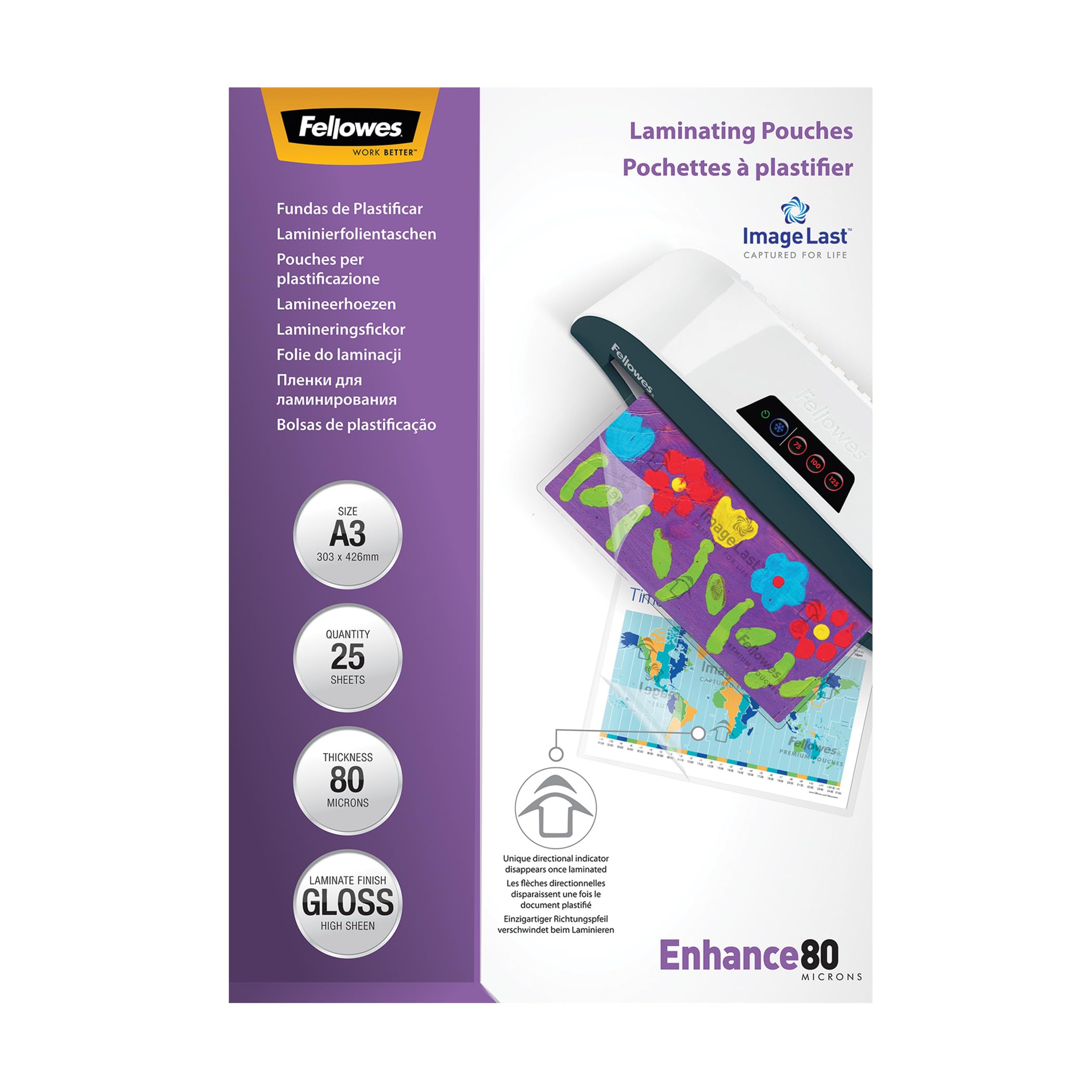 Fellowes A3 Laminating Pouches - Gloss Finish - 25 Sheets, 160 Micron (2 x 80) Clear & Durable Laminating Pouch with Image Last Directional Mark - Ideal for Photos and Notices — image 1