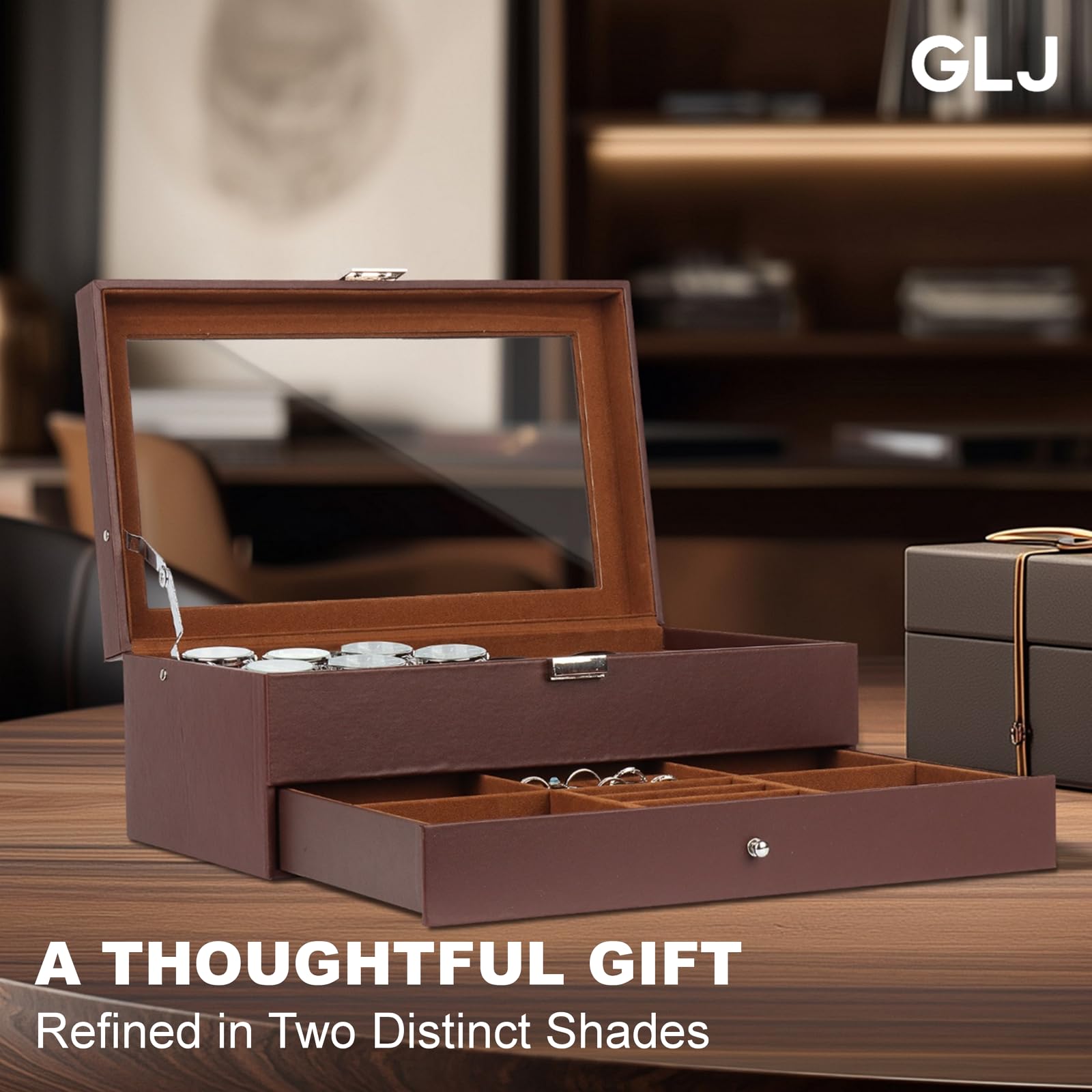 GLJ Jewelry Box for Men, 6 Slot Watch Box Jewelry Organizer With Drawer, Watch Case for Men with Large Window, 2-Layer Watch Holder, Sunglasses Storage Organizer, Velvet Lining, PU Leather, Gift Idea