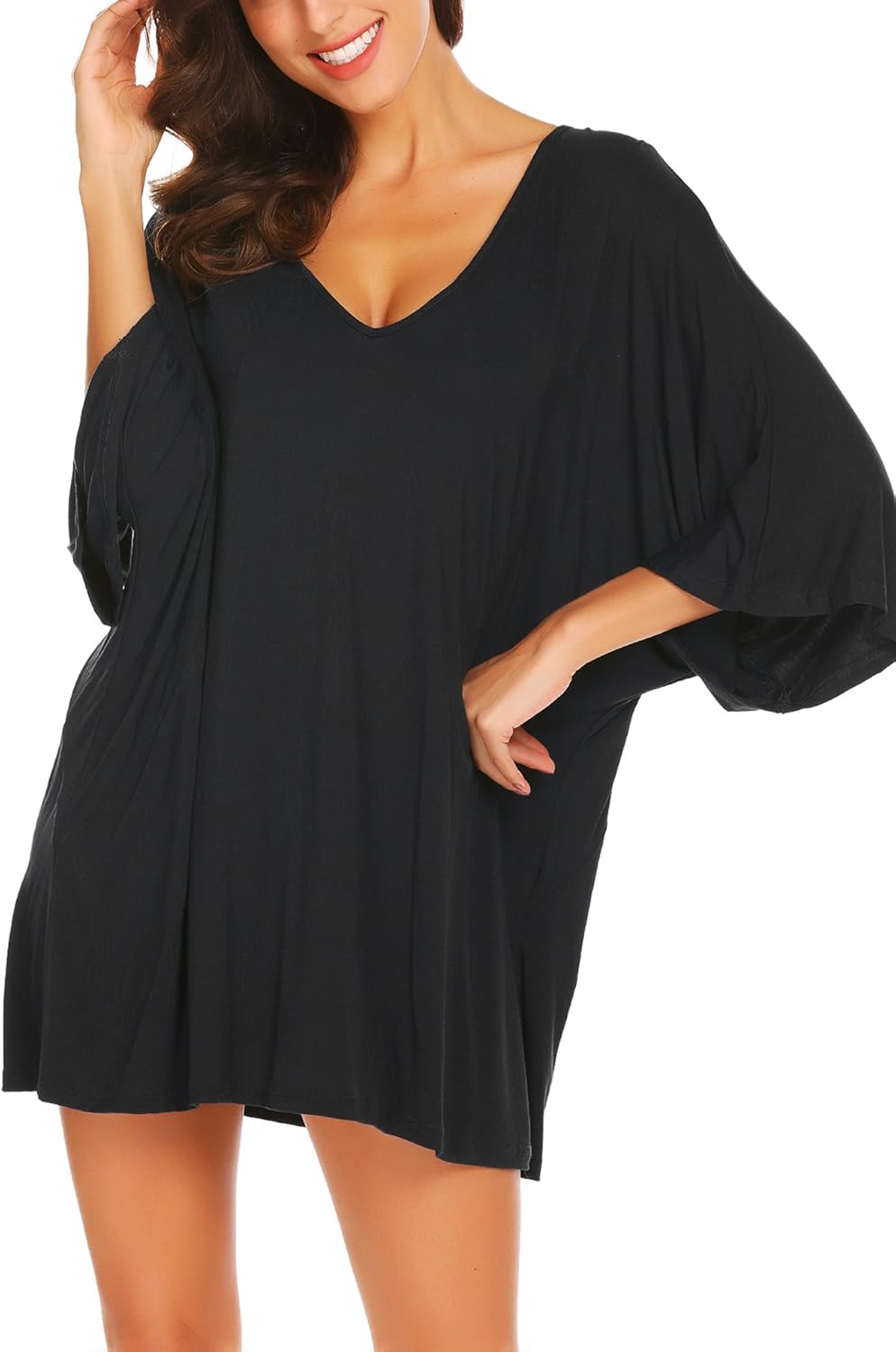 Ekouaer Womens Sleepshirt Sexy Nightshirt Batwing Sleepwear V Neck Loungewear Short Sleeve Nightwear Plus Size at  Women’s Clothing store
