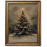 Vintage Gold Framed Christmas Tree Wall Art Elegant Snowy Tree Canvas Poster Print Retro Classic Holiday Winter Scene Landscape Painting for Bedroom Home Enterway Decor 12x16inch
