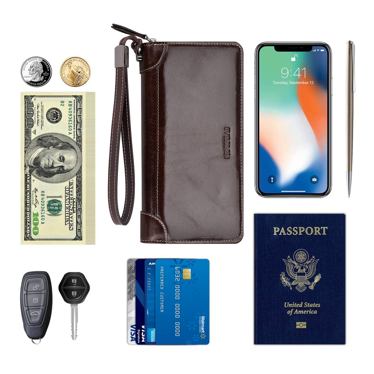 IVESIGN Women\'s Wax Genuine Leather Wallet RFID Blocking Credit Card Holder Organizer Purse With Wristlet (Coffee)