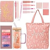 Reallnaive 15 Pcs Social Worker Appreciation Gifts 16 oz Glass Cup Canvas Bag Notebook Ballpoint Pen Sticky Note Thank You Gifts for Women Coworker Bsw Msw Dsw Lcsw Volunteer Office Supplies(Pink)