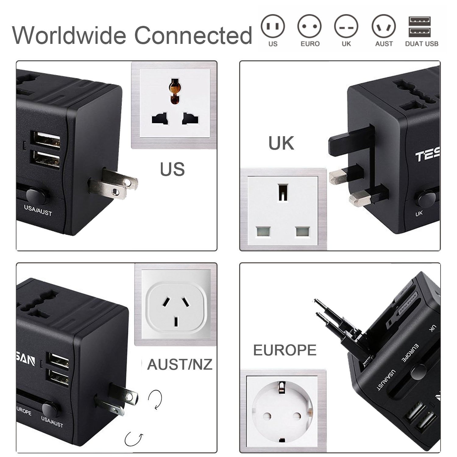 Travel Adapter Universal Power Plug Adapter Europe UK - International Travel Charger Dual USB 2.1A for Cell Phone Laptop