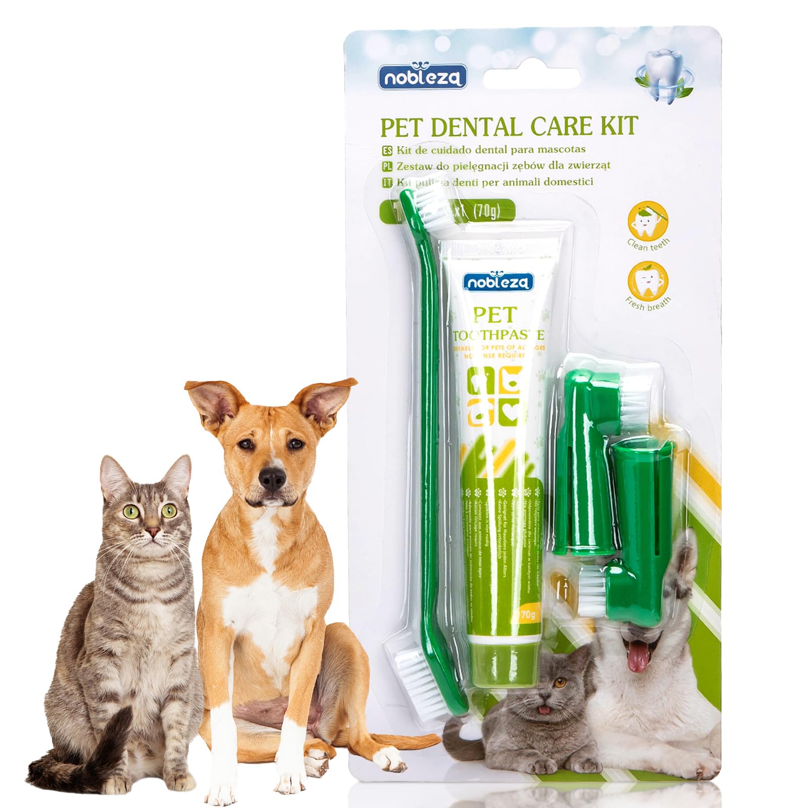 Nobleza Dog Toothbrush and Enzymatic Toothpaste Kit with 2 x Finger Toothbrush for Clean Pet Teeth, Eliminate Bad Breath, Remove Plaque and Tartar, Improve Gums Health and Pet Oral Hygiene Care