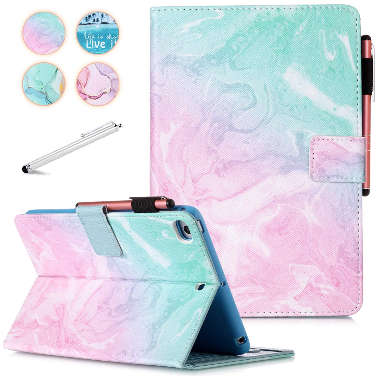 Fancity Case for iPad Mini 5 Mini 4, Mini 3 Mini 2 Protective Cover, PU Leather Smart Auto Wake/Sleep Case with Stand Card Slot Pencil Holder for iPad Mini 7.9 Inch, Green Pink