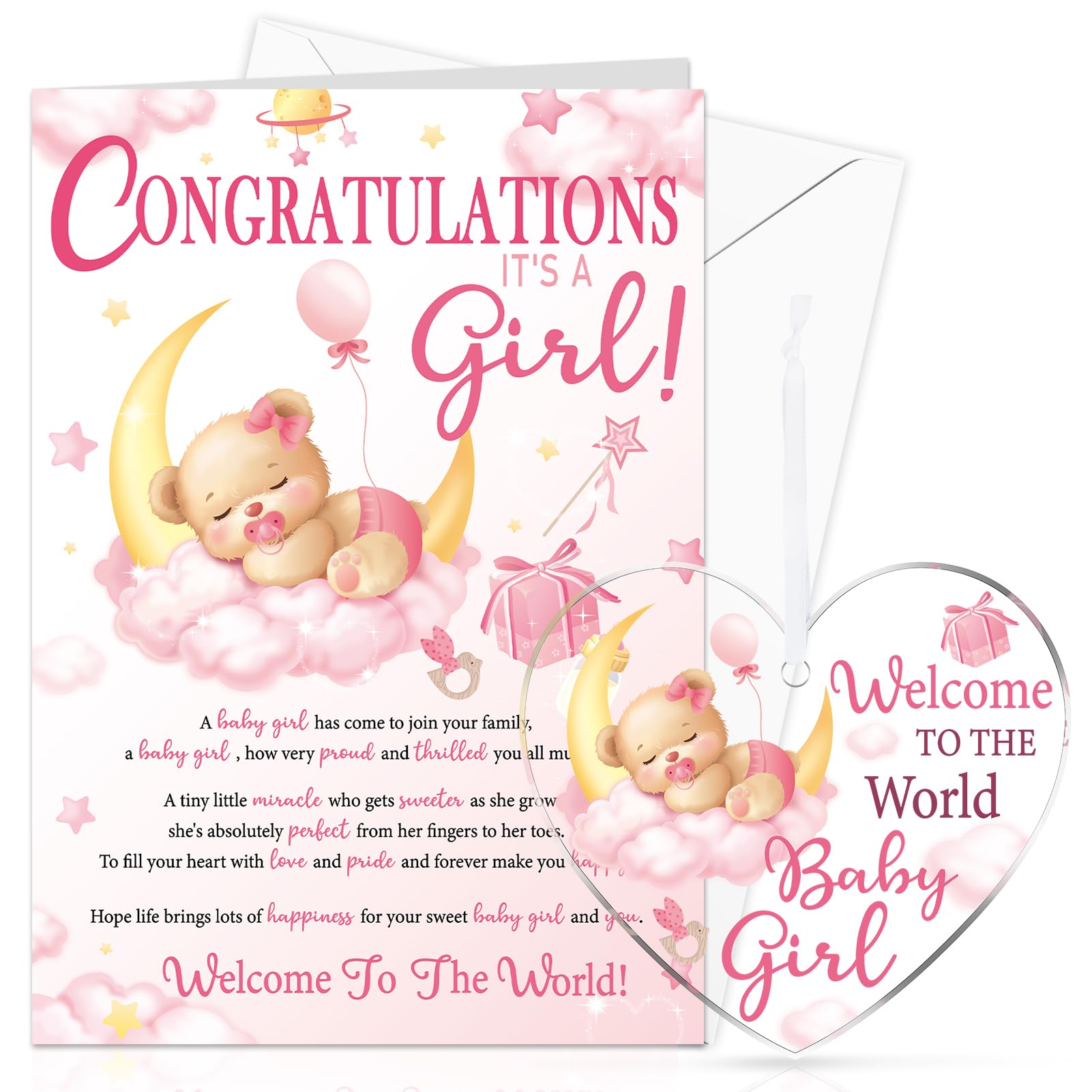 HOWAF New Baby Girl Card, New Baby Card for Birth of Girl, Congratulations Baby Girl Card, Newborn Baby Girl Cards with Acrylic Hanging Baby Keepsake for Baby Shower New Baby Gifts, Newborn Baby Gifts