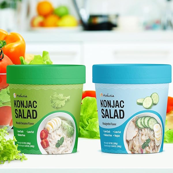 HETHSTIA LOW CARB PASTA, GLUTEN-FREE SHIRATAKI KONJAC NOODLES WITH VINAIGRETTE & WASABI SESAME SAUCE, COLD KETO SIDE DISH, 6-PACK PRE-PACKAGED MEAL, QUICK HEALTHY READY-TO-EAT FOOD