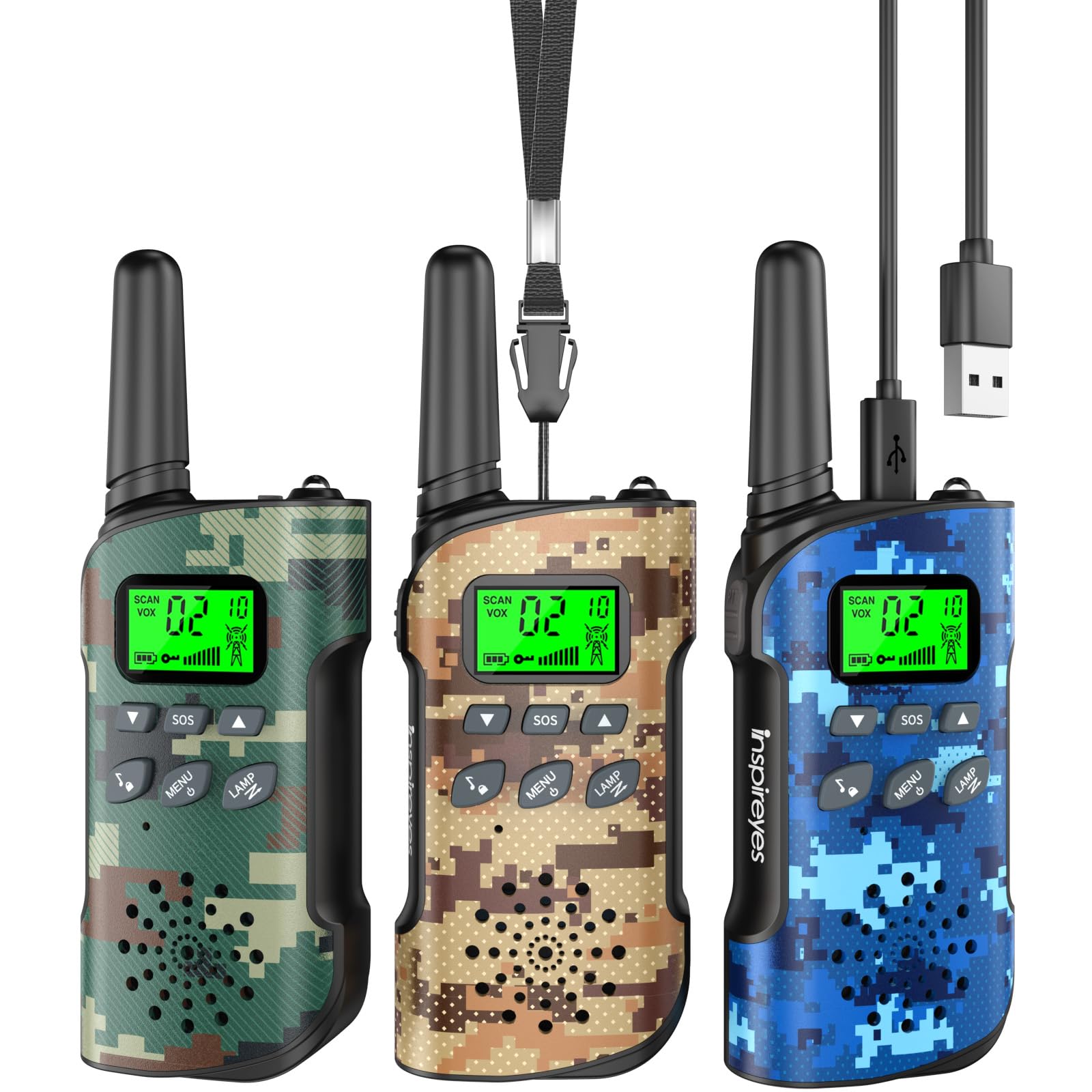 Inspireyes Walkie Talkies for Kids Rechargeable, Easter Gifts for Kids, Boys Girls Ages 3-12, 3-Pack Camouflage Kids Toys, Long Range 48-Hour Battery, Outdoor Camping Games Toys