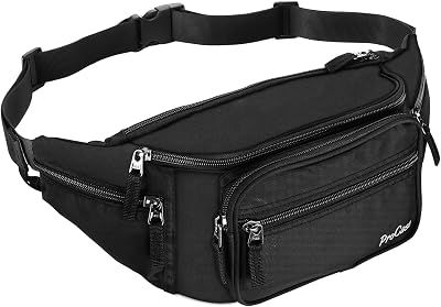 ProCase Bum Bag Waist Fanny Pack 6 Pockets Adjustable Belt Black Large
