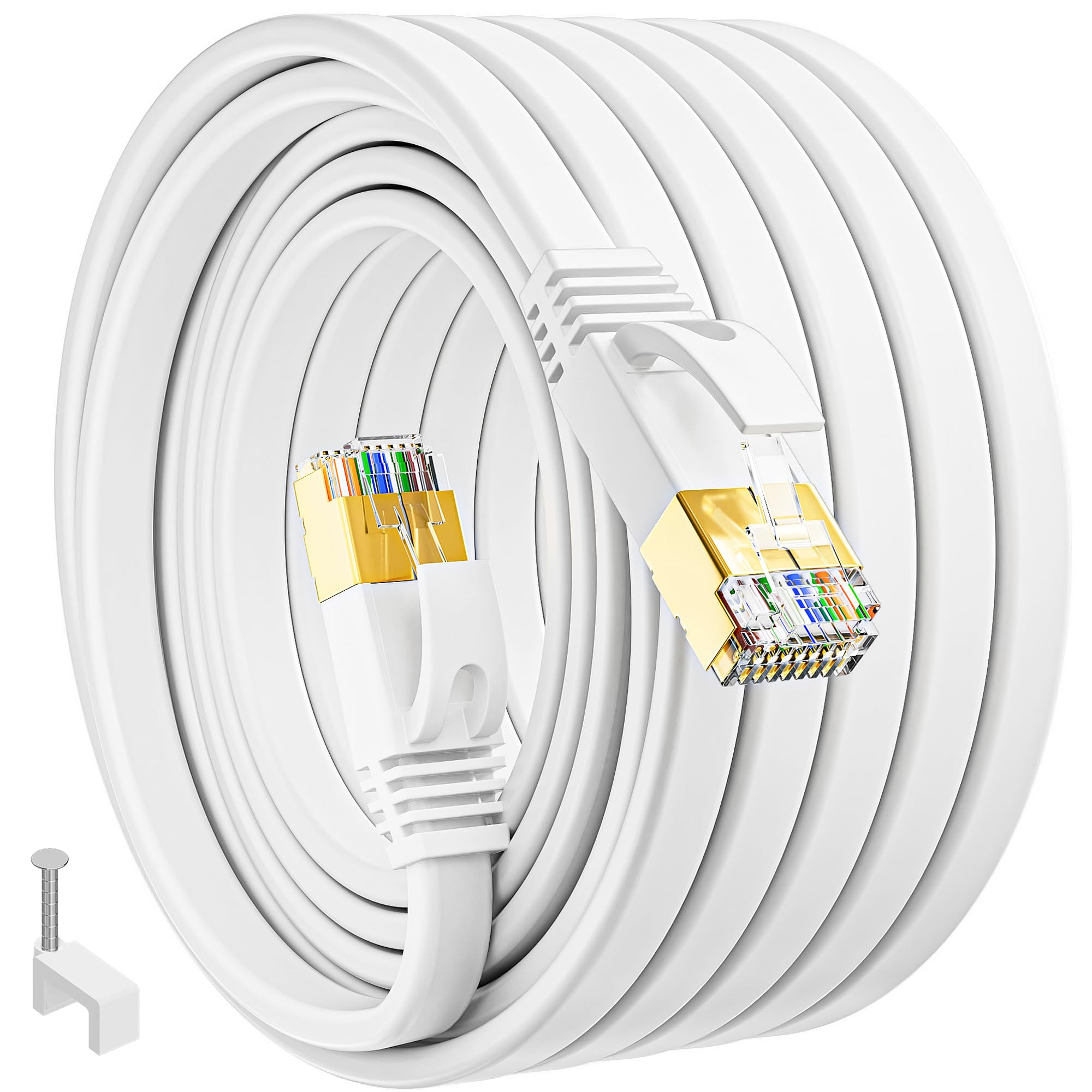 MEIPEK Ethernet Cable 50m Cat 7, High Speed Flat Internet Cable Extra Long 50 Meters White LAN Cable Gigabit Rj45 Patch Cable FTP Shielded Network Cable 160ft for Router Modem
