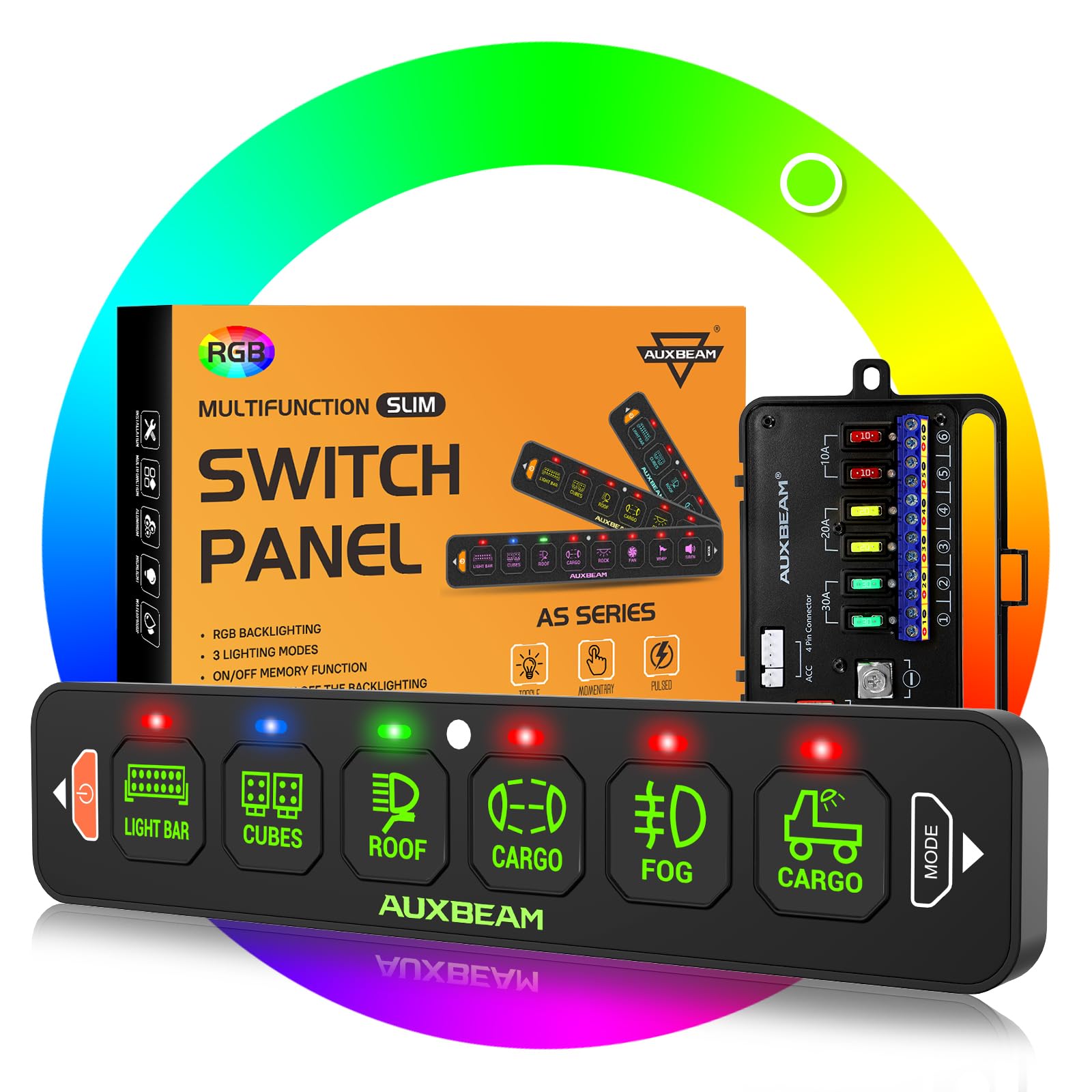 Photo 1 of Auxbeam 6 Gang Slim Switch Panel RGB AS-R60 Toggle Momentary Pulsed Dimmable Backlight Multifunction Switch Panel with Memory Function for 12-24V Truck Offroad Car Marine Waterproof