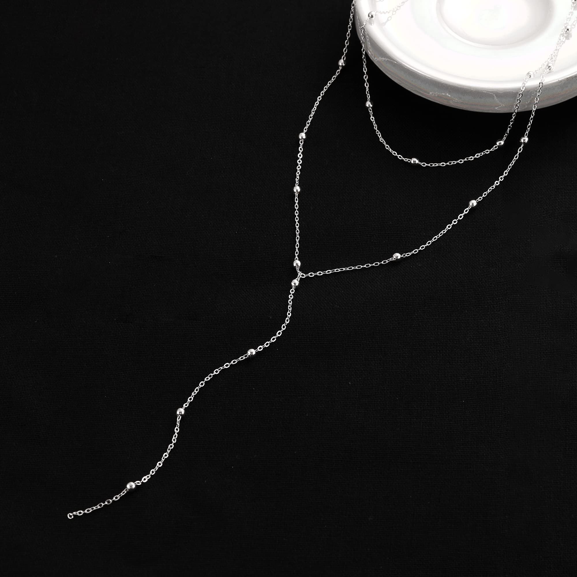 Foxgirl Lariat Gold Necklace for Women, Dainty Long Necklace 14k Gold Plated/Silver Y-Shaped Pendant Necklace Trendy Layered Cz Beaded Chain Drop Necklaces Simple Gold Jewelry For Women Gift