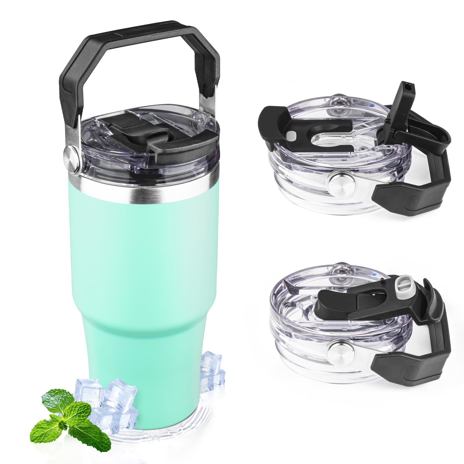 View 1 of 20oz Tumbler with Handle and Flip Straw Lid Double Wall Insulated Travel Coffee Mug Stainless Steel Vacuum Insulated Coffee Tumbler Cup for Hot and Cold Beverages,Leak-proof&BPA-free (20oz,Matte mint)