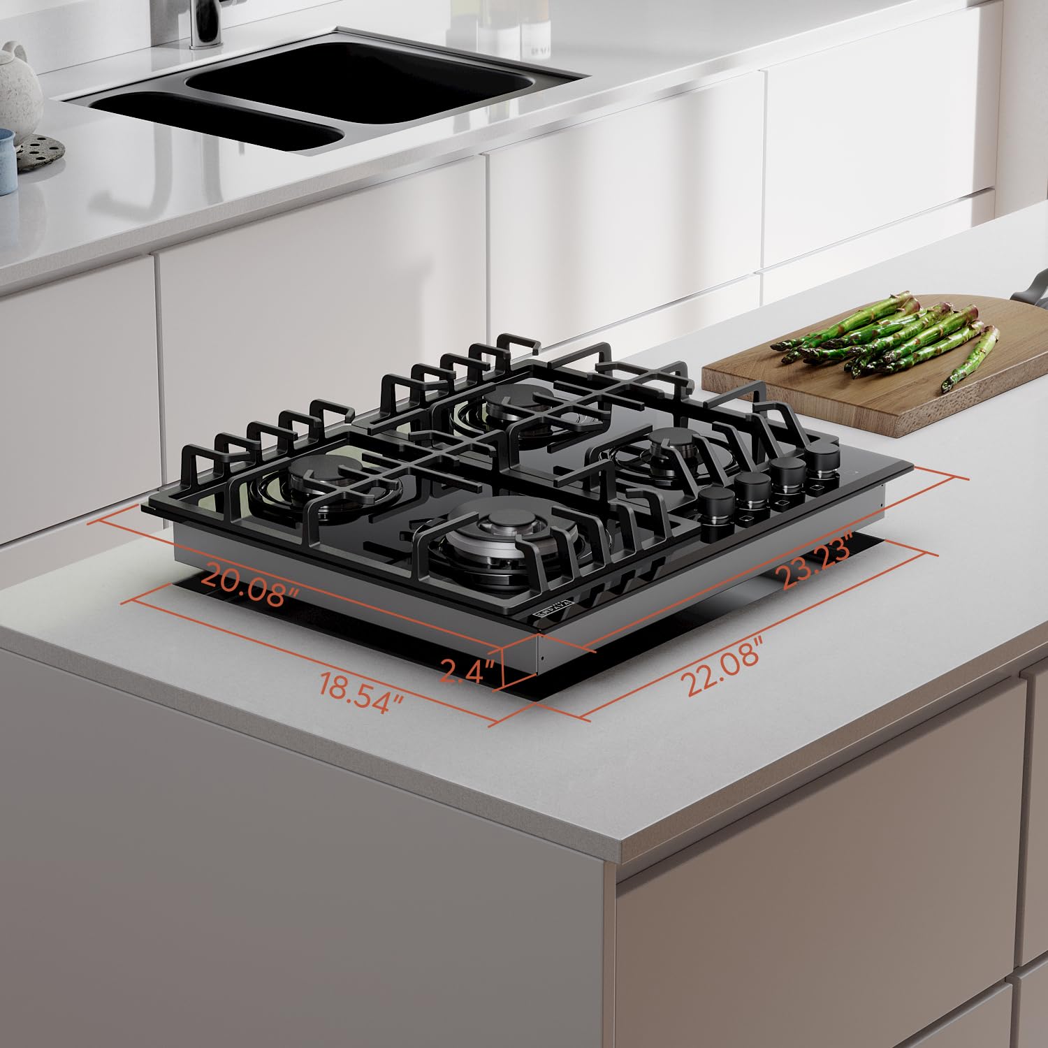 Empava 24 in. Gas Stove Cooktop with 4 Sealed Burners-Heavy Duty Continuous Grates-NG/LPG Convertible-Black Tempered Glass Surface, 24 Inch