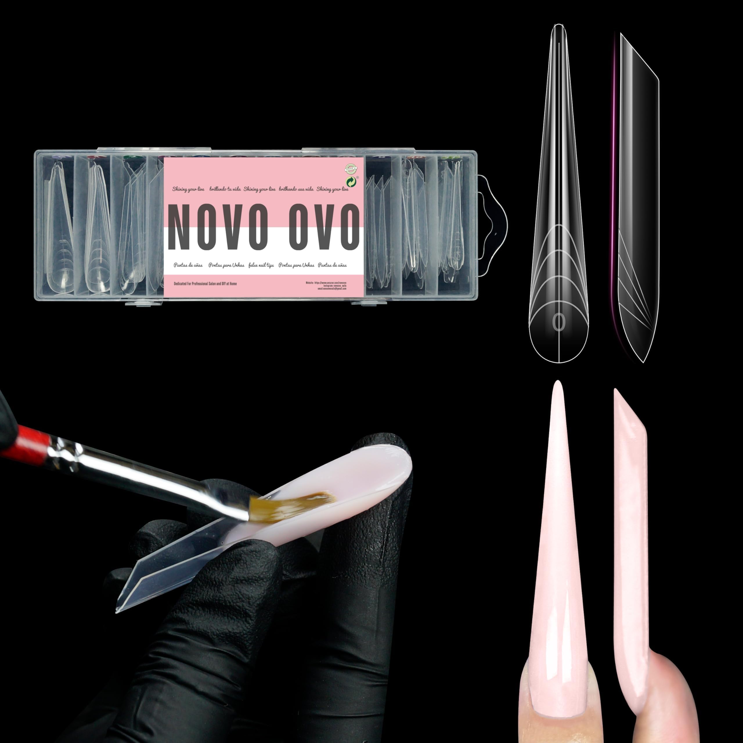 NOVO OVO XXL XXXL Russian Almond/Coffin Nail Dual Forms for PolyGel Extension, NOT NAIL TIPS, Suitable for Hard/Builder/Polygel, Reusable Soft Gel Full Cover Molds 70 Pcs x 14 sizes